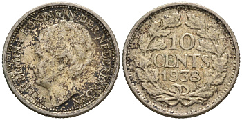 Нидерланды 10 центов 1938 Вильгельмина I (1890-1948) KM 163 серебро 75-953