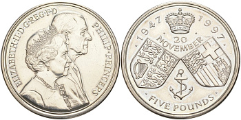 Великобритания 5 фунтов 1997 Елизавета II (1952-2022), 50 лет свадьбы Елизаветы и Филлипа, Золотая свадьба королевы KM 977, Spink 4304 (L4) медно-никель UNC 00-00-00