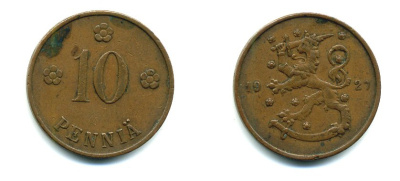 Финляндия 10 пенни 1927 республика (1918-1962) KM 24 медь 46-1553