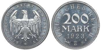 Германия 200 марок 1923 E, Веймарская республика, тираж 4095 экз., Weege 22, J. 304, KM 35 алюминий PROOF 00-806-30