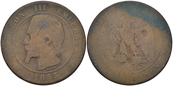 ФРАНЦИЯ 10 САНТИМОВ 1853 ВВ, НАПОЛЕОН III (1852-1870) KM 771.3 бронза 97-1241