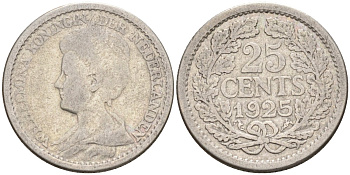 Нидерланды 25 центов 1925 Вильгельмина (1890-1948) KM 146 серебро 94-311