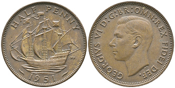 Великобритания 1/2 пенни 1951 Георг VI (1936-1952) KM 868, Spink 4118 бронза 34-227