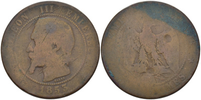 ФРАНЦИЯ 10 САНТИМОВ 1853 ВВ, НАПОЛЕОН III (1852-1870) KM 771.3 бронза 97-1241