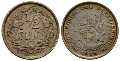 Нидерланды 1/2 цента 1938 Королева Вильгельмина (1890 - 1948) KM 138 бронза 4582-1113