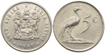 ЮАР 5 центов 1981 герб, райский журавль KM 84 никель 105-1031