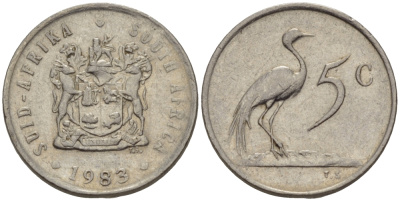 ЮАР 5 центов 1983 герб, райский журавль KM 84 никель 66-335
