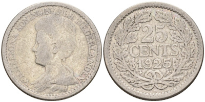 Нидерланды 25 центов 1925 Вильгельмина (1890-1948) KM 146 серебро 94-311