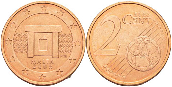 Мальта 2 евроцента 2008 KM 126 сталь плакированная медью UNC 54-616