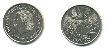 Аргентина 2 песо 2002 Мария Эва Дуарте де Перон KM 135 медно-никель UNC 37-622