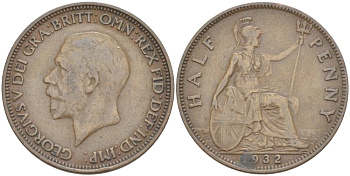 Великобритания 1/2 пенни 1932 Георг V (1910-1936) KM 837, Spink 4058 бронза 4514-633