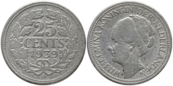 Нидерланды 25 центов 1939 Вильгельмина (1890-1948) KM 164 серебро 4387-921
