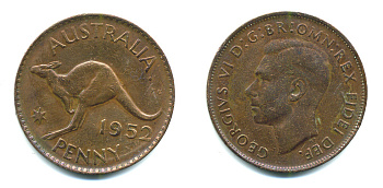 Австралия 1 пенни 1952 m, Георг VI (1937-1952), кенгуру KM 43 бронза 57-1014