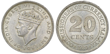 Британская Малайя 20 центов 1939 Георг VI (1937-1952) KM 5 серебро 53-345
