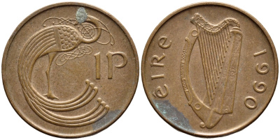 ИРЛАНДИЯ 1 ПЕННИ 1990 ПТИЧКА KM 20а сталь плакированная медью 4397-136