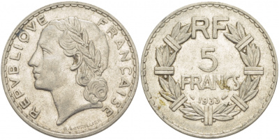 ФРАНЦИЯ 5 ФРАНКОВ 1933 KM 888 никель 4403-312