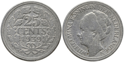 Нидерланды 25 центов 1939 Вильгельмина (1890-1948) KM 164 серебро 4387-921