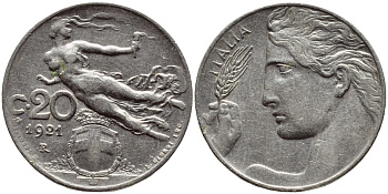 Италия 20 чентезимо 1921 R, Виктор Эммануил III (1900-1946) KM 44 никель 4398-221