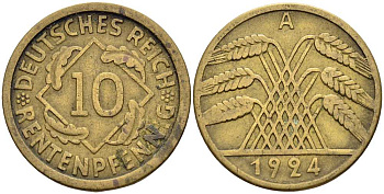 ГЕРМАНИЯ 10 РЕНТЕНПФЕННИГОВ 1924 А KM 33, J. 309 алюминиевая бронза 4401-346