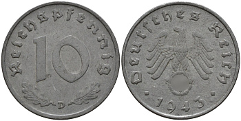 Германия 10 рейхспфеннигов 1943 D KM 101, J.371 цинк 4151-247