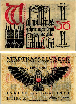 ЛЮБЕК, ГЕРМАНИЯ 50 ПФЕННИГОВ 1921 НОТГЕЛЬД, 1 МАЯ 1921, ЗЕМЛЯ ШЛЕЗВИГ-ГОЛЬШТЕЙН, БУКВА W ARNOLD KELLER 831.2 бумага 7551-6-3-1