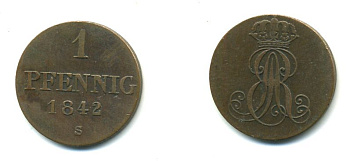 Ганновер 1 пфенниг 1842 S, Эрнст Август (1837-1851) KM 173.3, AKS 128, J. 54 медь 35-118
