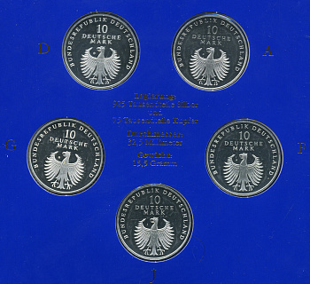 ФРГ набор из 5 штук по 10 марок 1998 A, D, F, G, J,  50 лет марке ФРГ KM 195 серебро PROOF 6-5-2-1