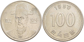 Южная Корея 100 вон 1990 Ли-Сунсин, корейский флотоводец KM 35.2 медно-никель 4551-642