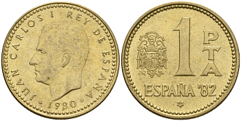 Испания 1 песета 1980 (80) чемпионат мира по футболу 1982 года в Испании, Хуан Карлос I (1975 - 2014) KM 816 алюминиевая бронза 4604-446