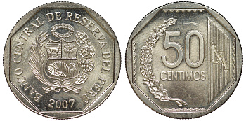 Перу 50 сентимо 2007 KM 307.4 медно-никель aUNC 4605-321