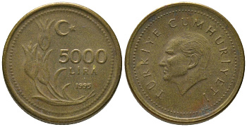 Турция 5000 лир 1995 Мустафа Кемаль Ататюрк KM 1029.1 латунь 4561-1243