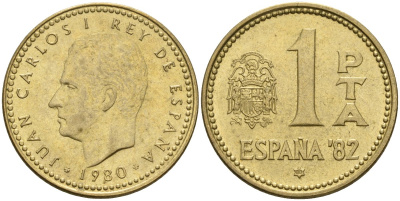 Испания 1 песета 1980 (80) чемпионат мира по футболу 1982 года в Испании, Хуан Карлос I (1975 - 2014) KM 816 алюминиевая бронза 4604-446