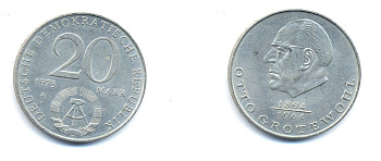 ГДР 20 марок 1973 А, Отто Гротеволь (1894-1964) KM 47 медно-никель 3333-444