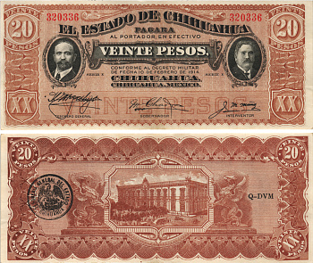 Мексика, Революция 20 песо 1914 штат Чиуауа, черная круглая печать Pick S536b бумага 8589-38-1