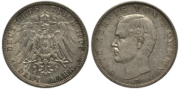 Бавария 3 марки 1909 Отто (1886-1913) Weege 45, J. 47, KM 515 серебро 3711-1914