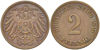 ГЕРМАНИЯ 2 ПФЕННИГА 1910 E KM 16, J. 11, Weege 4 медь 206-552