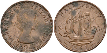 Великобритания 1/2 пенни 1967 Елизавета II (1952-2022) KM 896, Spink 4158 бронза 4126-814
