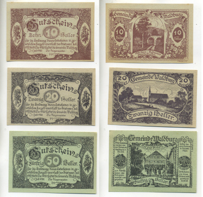 АВСТРИЯ НАБОР ИЗ 3 БАНКНОТ 1920 29 МАЯ 1920-31 ДЕКАБРЯ 1920, НОТГЕЛЬД, 10, 20, 50 ГЕЛЛЕРОВ, UNTERGAISBACH бумага aUNC 6283-1-1
