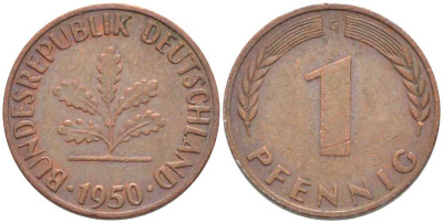 ФРГ 1 ПФЕННИГ 1950 G KM 105, J. 380 сталь плакированная медью 116-346