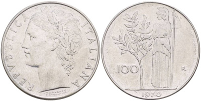 ИТАЛИЯ 100 ЛИР 1970 R, АФИНА У ОЛИВКОВОГО ДЕРЕВА KM 96.1 нержавеющая сталь 4545-643