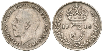 Великобритания 3 пенса 1914 Георг V (1910-1936) KM 813, Spink 4015 серебро 4618-935