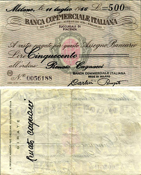 Италия чек на 500 лир 1966 Милан, 11 июля 1966, renato cagnacci, (Banca Commerciale ITALIANA) бумага 6280-47-1-2