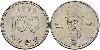 Южная Корея 100 вон 1992 Ли-Сунсин, корейский флотоводец KM 35.2 медно-никель 4511-946