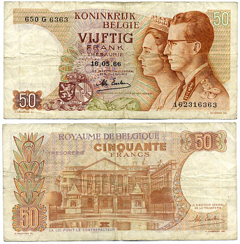 БЕЛЬГИЯ 50 ФРАНКОВ 1966 16 МАЯ 1966, ПОДПИСЬ 19, КОРОЛЬ БОДУЭН И КОРОЛЕВА ФАБИОЛА Pick 139 бумага 8611-50-3-1