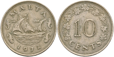 Мальта 10 центов 1972 баржа Великого магистра KM 11 медно-никель 4137-913