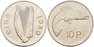 Ирландия 10 пенсов 1980 лосось KM 23 медно-никель 88-741