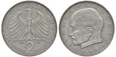 ФРГ 2 марки 1961 G, Макс Планк KM 116, J. 392 медно-никель плакированный никелем 4681-714