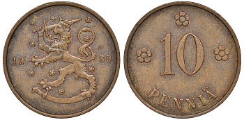 Финляндия 10 пенни 1939 KM 24 медь 51-3112