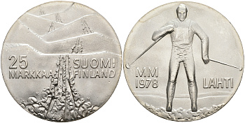 Финляндия 25 марок 1978 K-N, 21 Чемпионат мира по лыжным видам спорта 1978 в Лахти KM 56 серебро 4552-1022