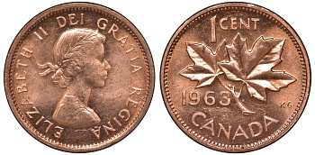 Канада 1 цент 1963 Елизавета II (1952-2022), кленовый лист KM 49 бронза 4596-416